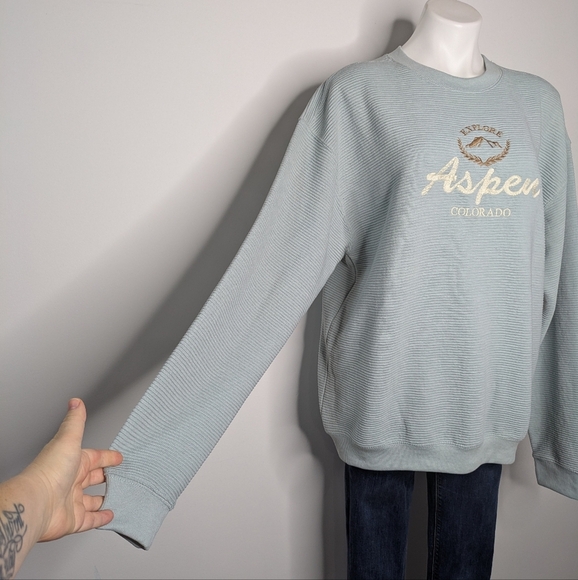 NWT Souvenirs Northern Blue Ribbed Aspen Colorado Pullover Sweatshirt L - Picture 4 of 9